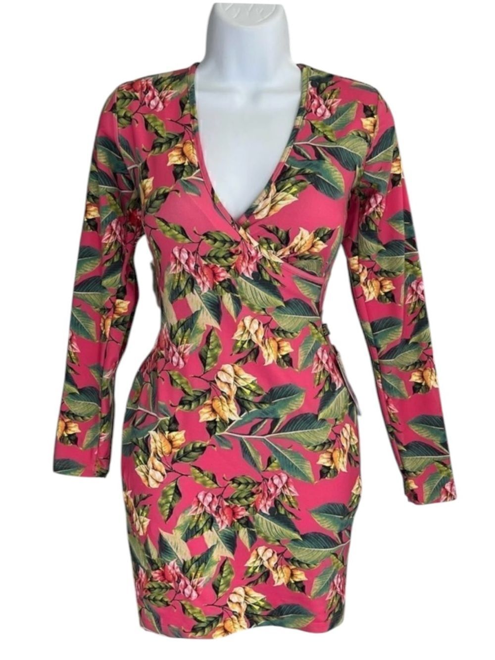 MOZY FASHION Floral Wrap Mini Dress Open Lace Back Long Sleeve NWT Size M